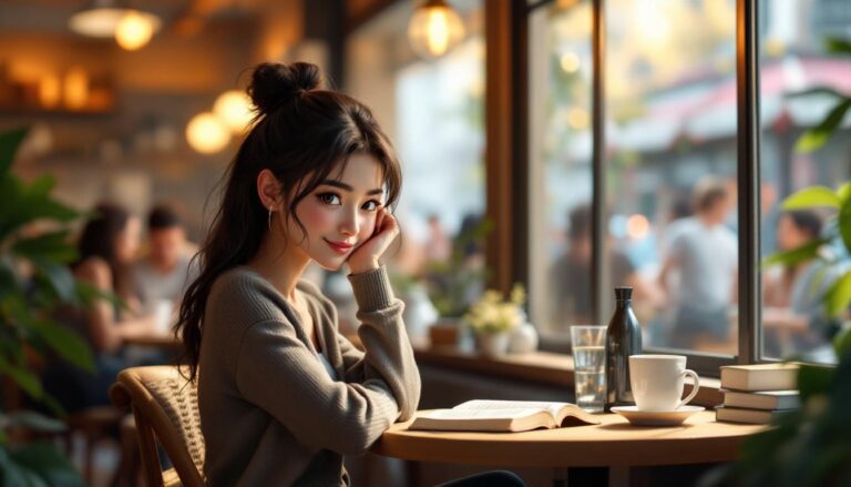 Young woman in a cozy café, reading a book and enjoying a thoughtful moment by the window amidst a lively atmosphere.