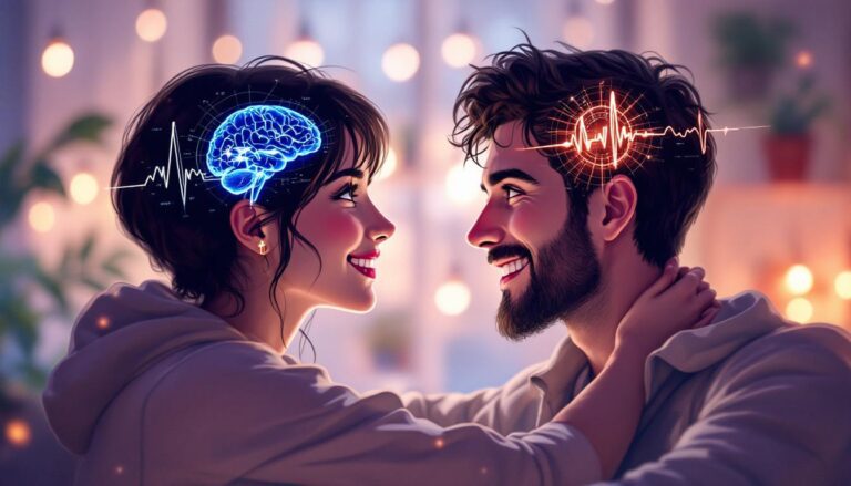 Couple smiling at each other, with their heads illustrated to show brain and heartbeat graphics, symbolizing love and connection.
