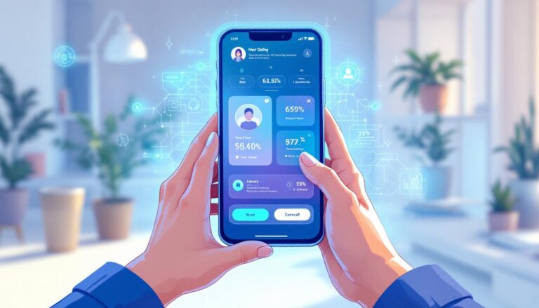 User interacting with a mobile app displaying personalized data insights and analytics in a modern workspace setting.