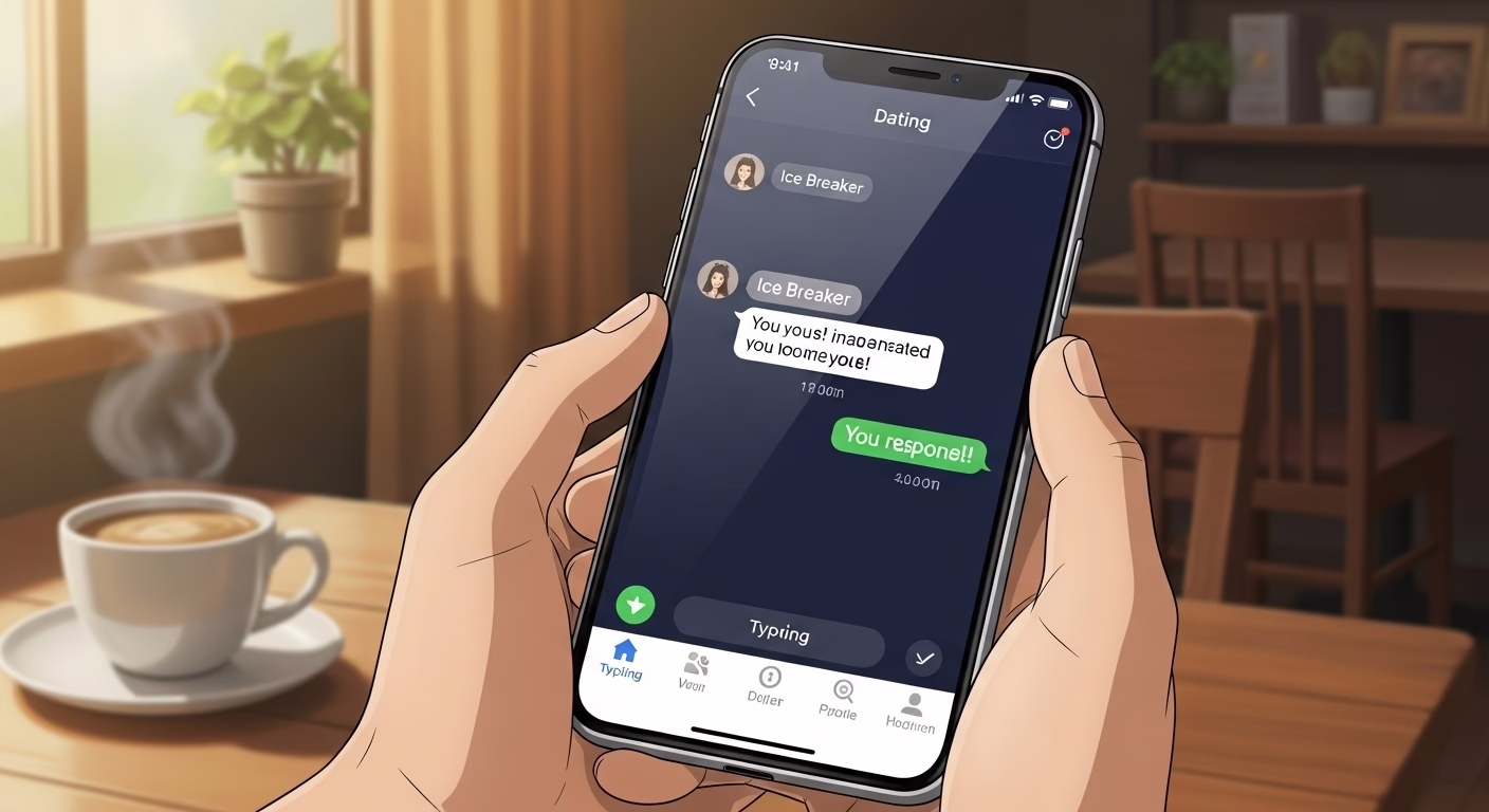 Young adult engaging in a playful online dating conversation while enjoying coffee in a cozy café setting.