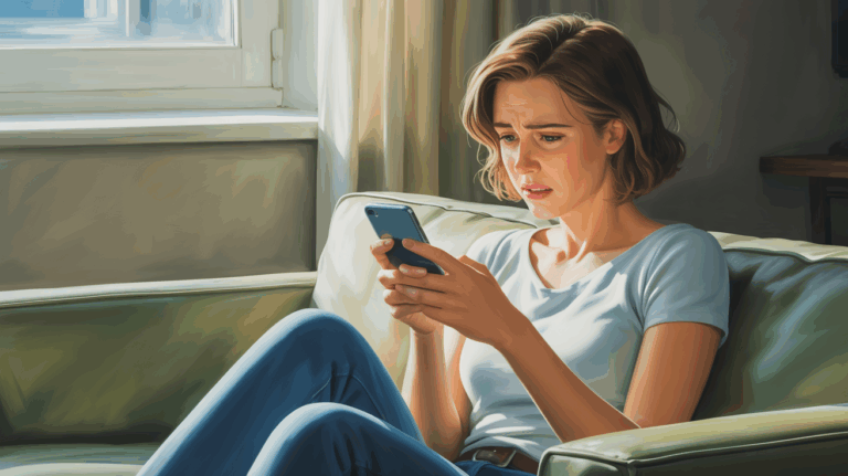 Woman sitting on a couch, anxiously checking her smartphone, reflecting feelings of worry and uncertainty in a cozy room.