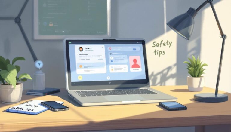 Laptop on a desk displaying safety tips with a plant, smartphone, and notebook, showcasing a modern workspace.