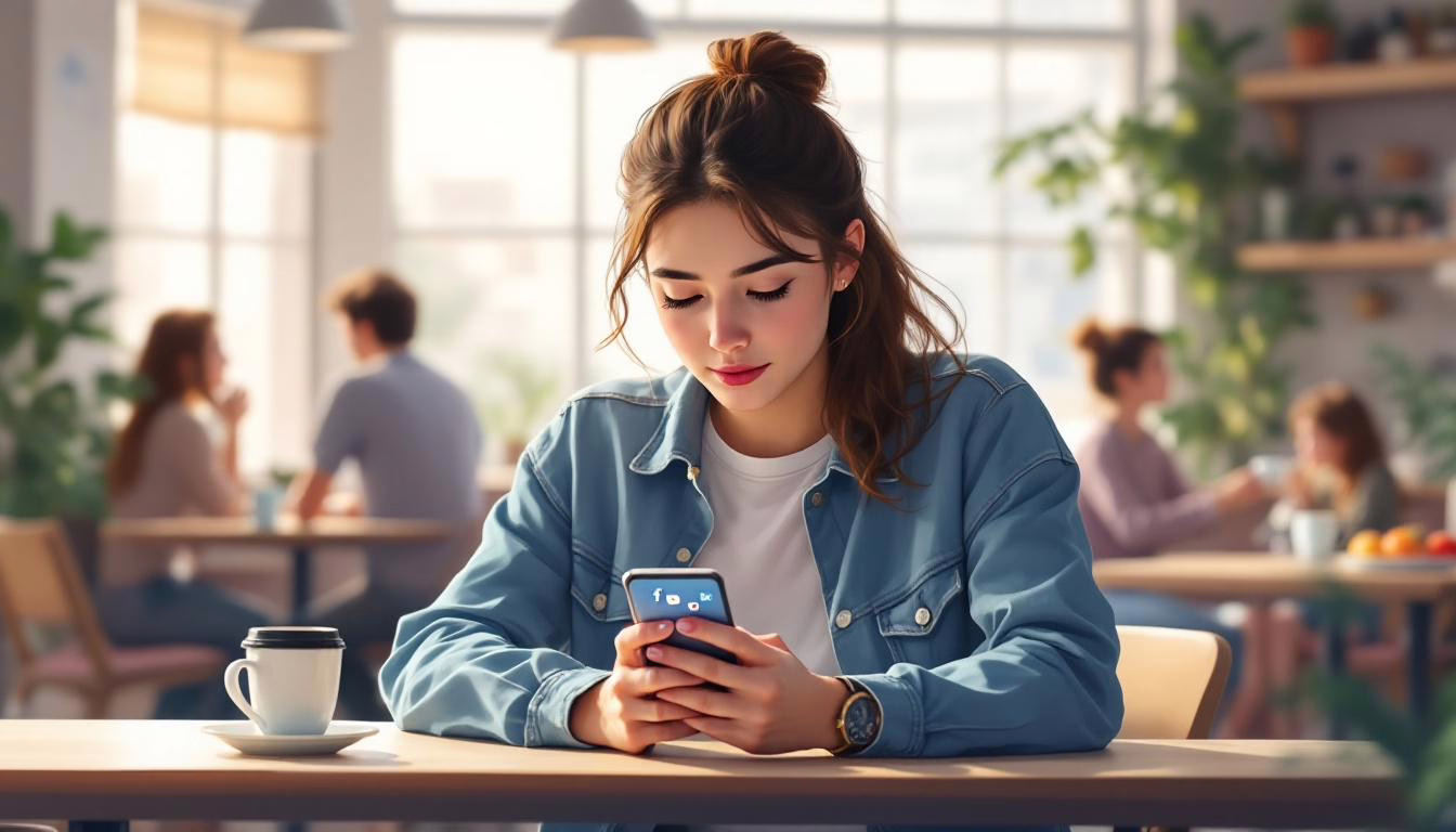 Young woman in a cafe focused on her smartphone, embodying modern digital connection while enjoying a coffee.