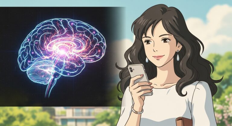 A woman smiles while using a smartphone against a backdrop of a glowing, intricate brain illustration, symbolizing mental engagement.