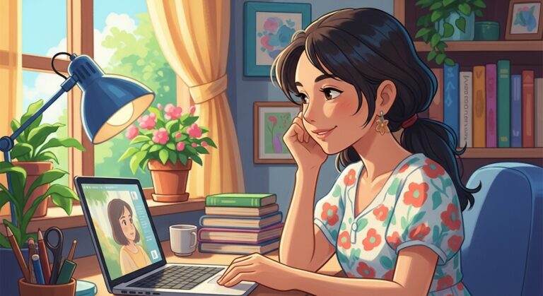 Young woman enjoying a video call while working at her cozy desk surrounded by plants and colorful books in natural light.