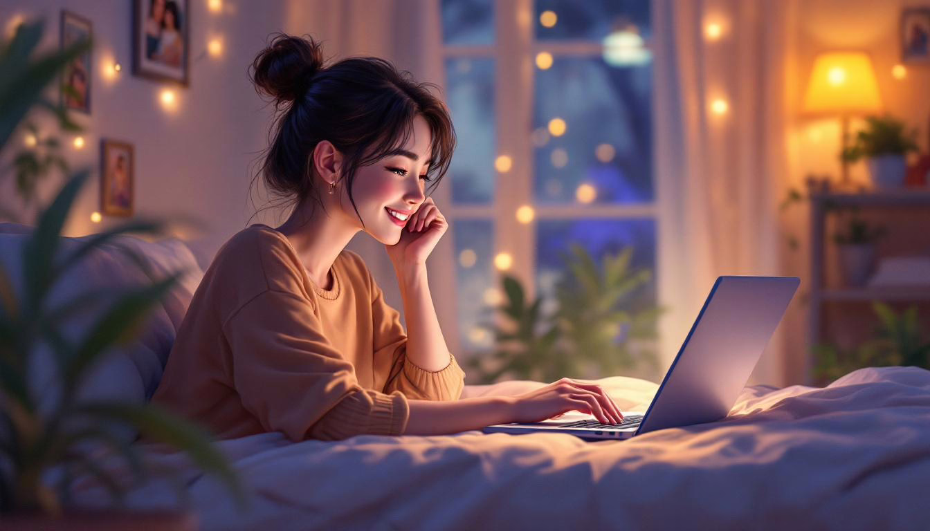 Smiling young woman working on a laptop in a cozy, softly lit bedroom with plants and warm decorations.