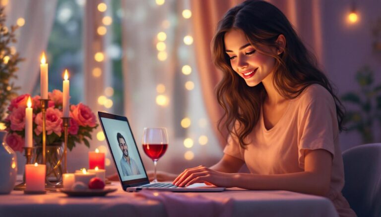 Young woman enjoying a romantic video call while sipping red wine, surrounded by soft candlelight and flowers.