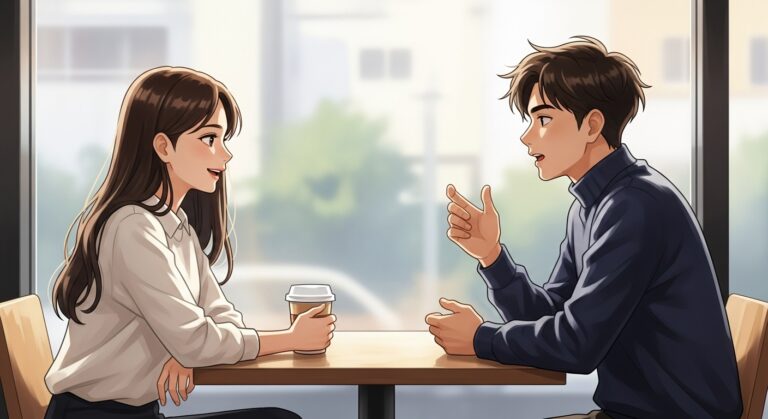 Young couple engaging in a lively conversation over coffee in a cozy café setting, capturing the essence of connection.