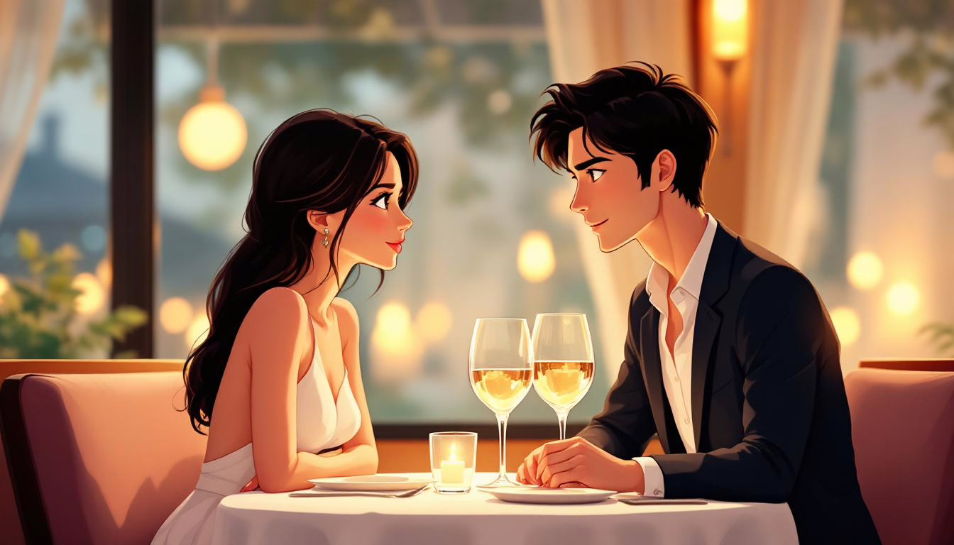 Romantic dinner scene featuring a couple sharing a meaningful conversation over wine in a softly lit restaurant.