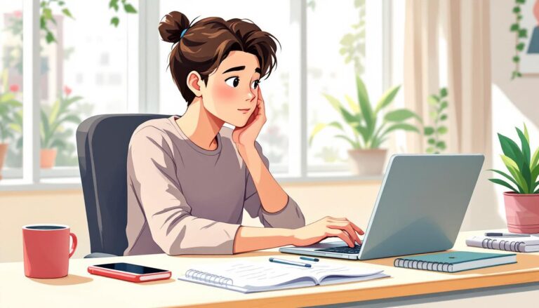 Young person reflecting while studying on a laptop, surrounded by notes and plants in a bright, cozy workspace.