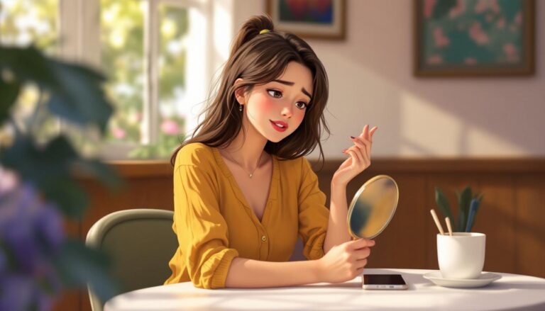 A young woman in a yellow blouse thoughtfully examines herself in a mirror while seated at a sunlit café table.