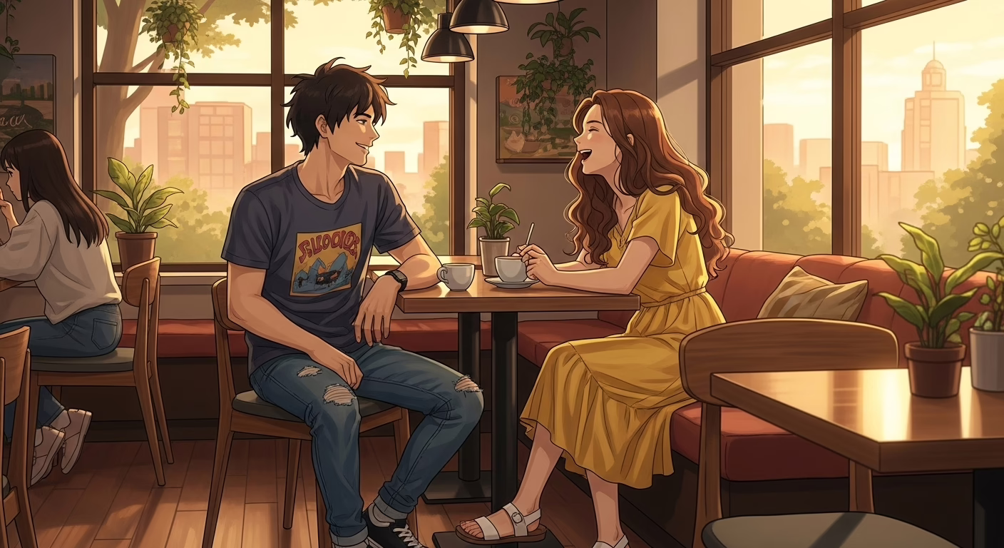 A joyful couple shares a warm moment over coffee in a cozy café, bathed in soft afternoon sunlight.
