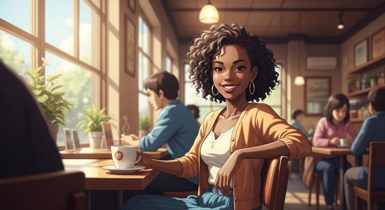 Cheerful woman in a café enjoying coffee, engaging with a vibrant community around her, perfect for social connection.