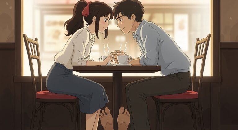 Young couple enjoying a cozy moment in a café, sharing coffee and holding hands, radiating warmth and connection.