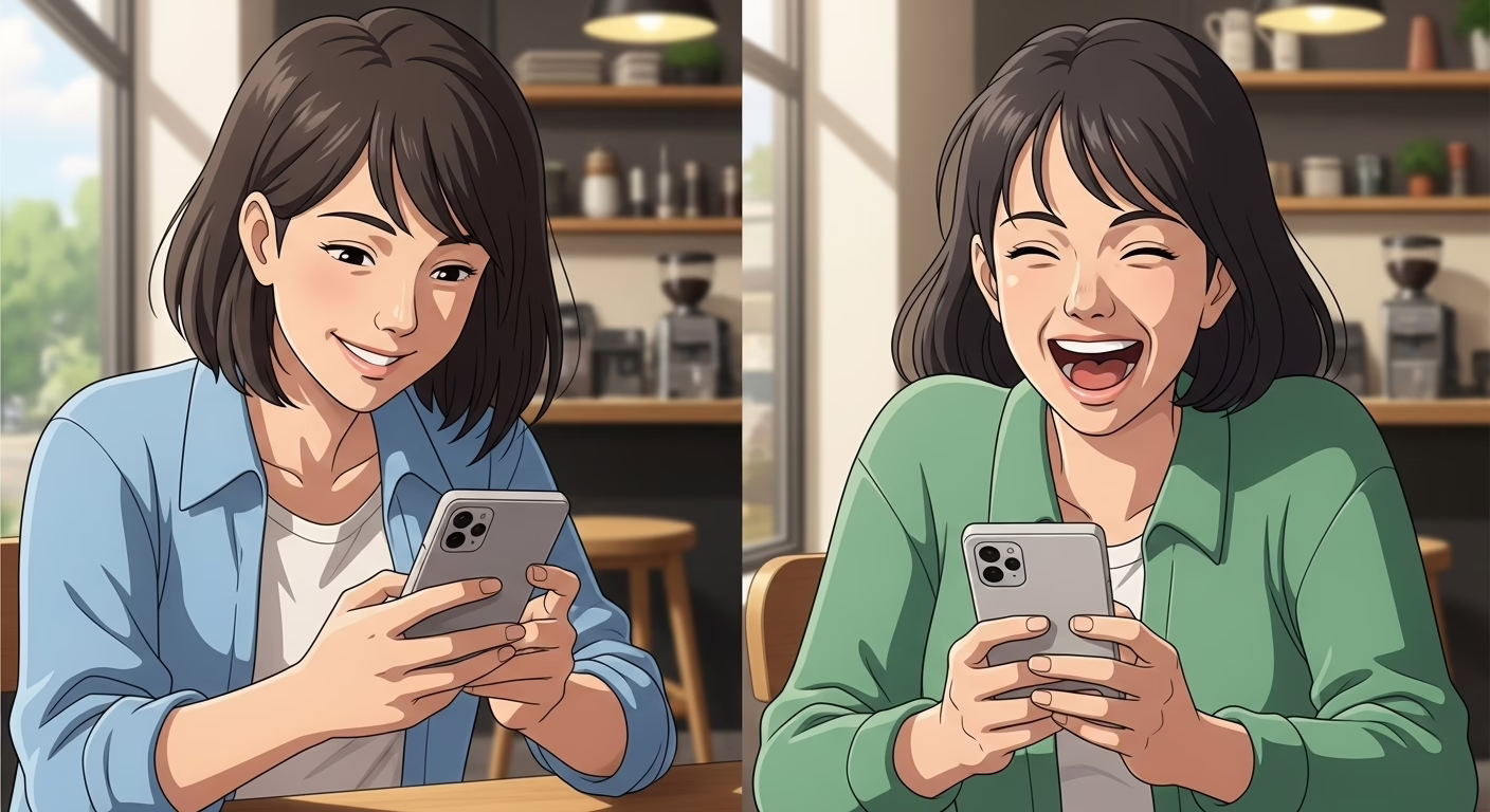 Young couple joyfully texting each other, sharing playful banter about a smooth delivery, in a cozy café setting.