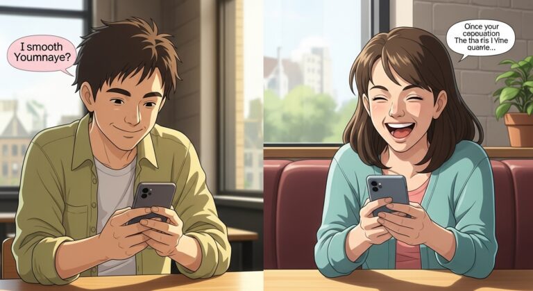 Young man and woman laughing while texting on smartphones, highlighting connection and friendship in a casual café setting.