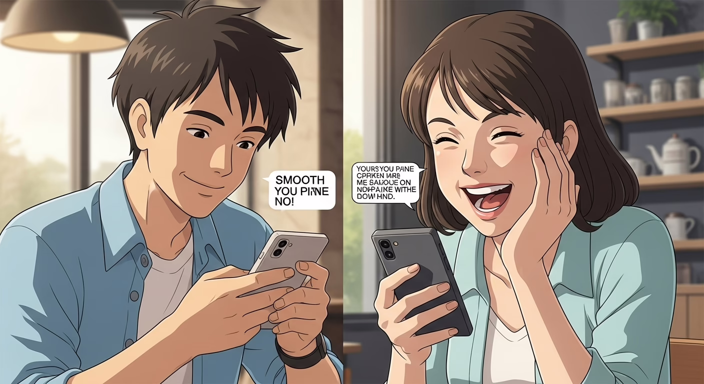 Young couple joyfully texting each other, sharing playful banter about a smooth delivery, in a cozy café setting.