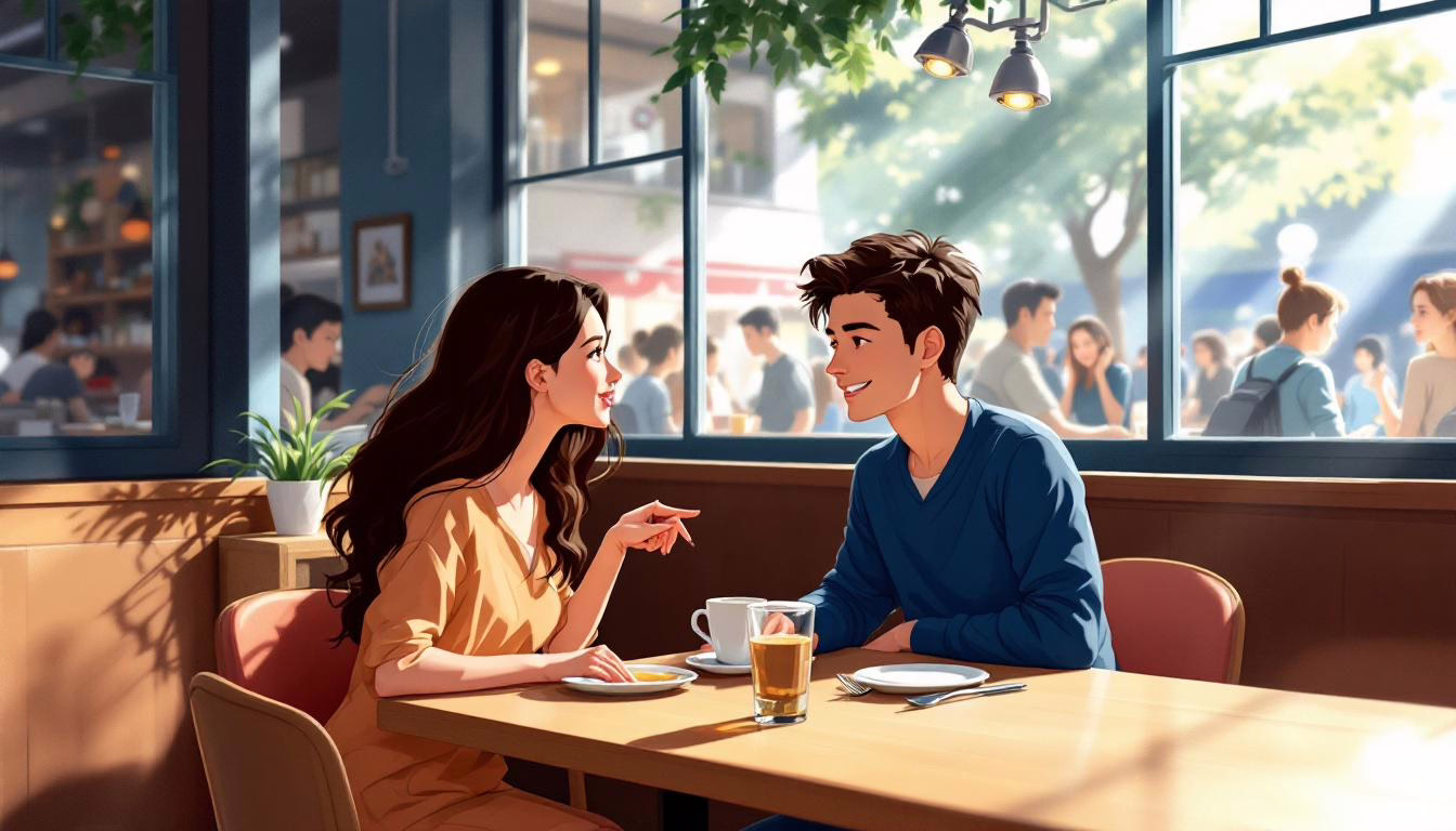 A cheerful couple shares a meaningful conversation over coffee in a bustling café filled with sunlight and people.