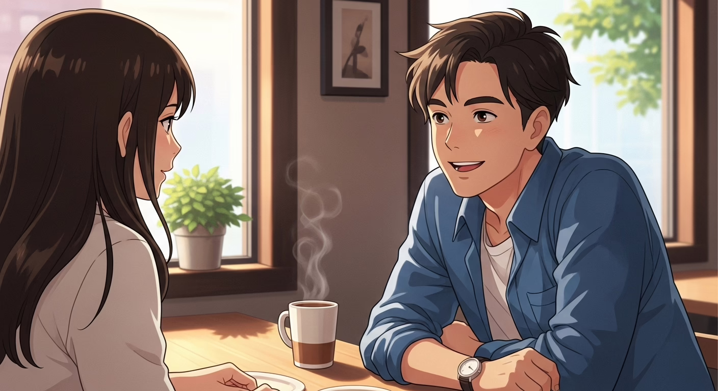 Young couple enjoying a coffee date in a cozy café, sharing smiles and intimate conversation amidst a warm ambiance.