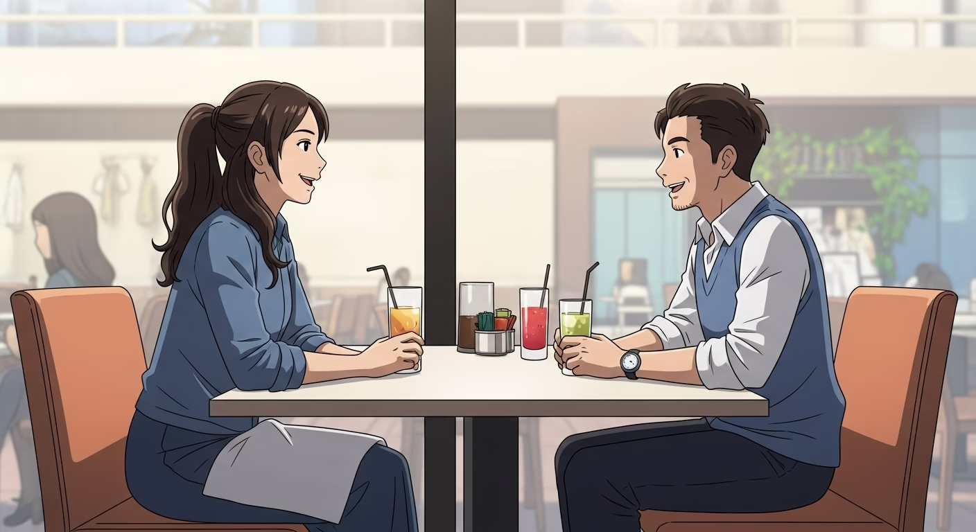 Animated couple enjoying a lively conversation over colorful drinks at a café, capturing a delightful social moment.