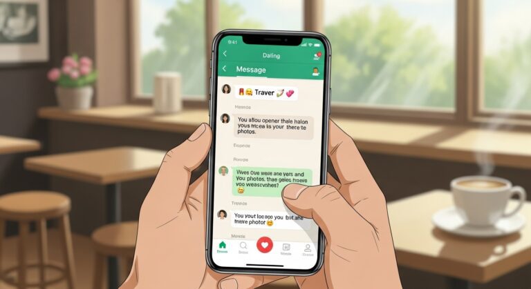 "User engaged in a dating app conversation on a smartphone in a cozy café setting, with a coffee cup in the background."