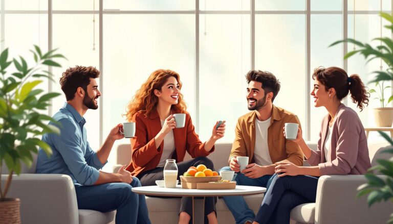 Friends enjoying a lively conversation with coffee in a bright, modern living room filled with greenery.