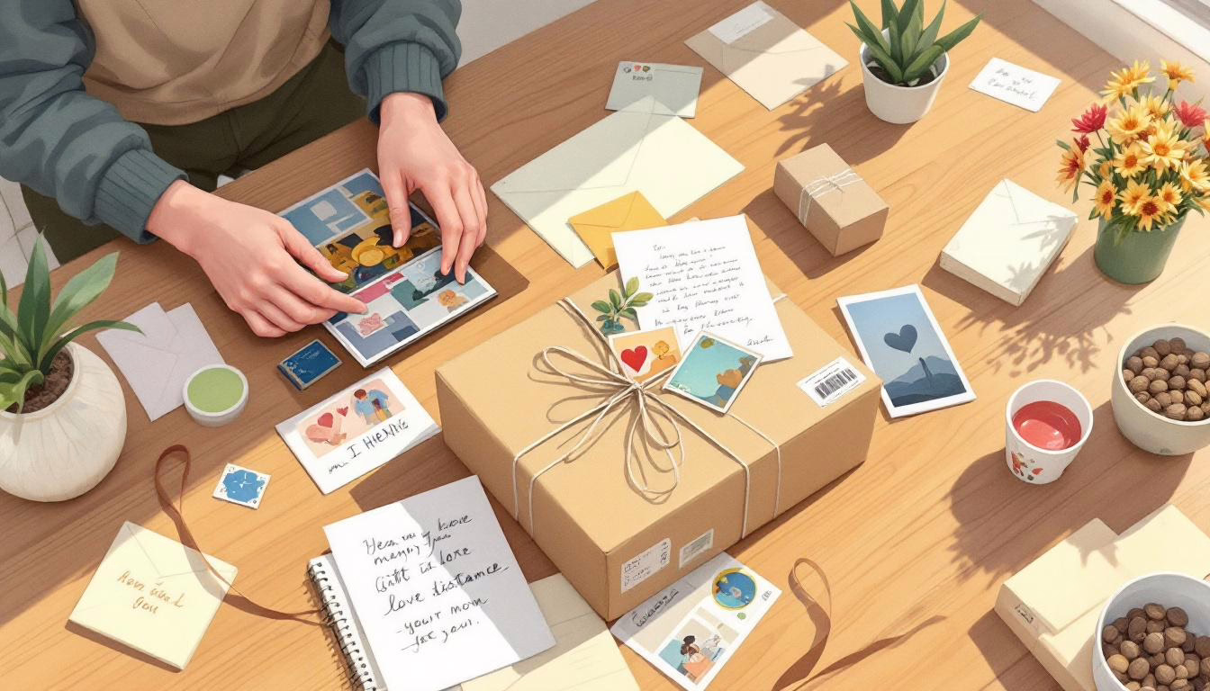 Personalized gift preparations with heartfelt notes and memorable photos arranged on a wooden table for a special occasion.
