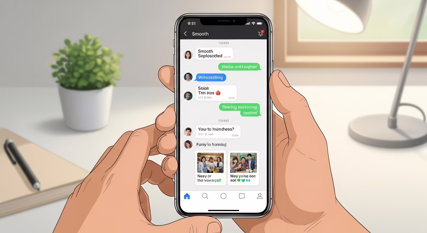 User engaging with a chat app on a mobile phone, showcasing lively text exchanges and playful emojis.