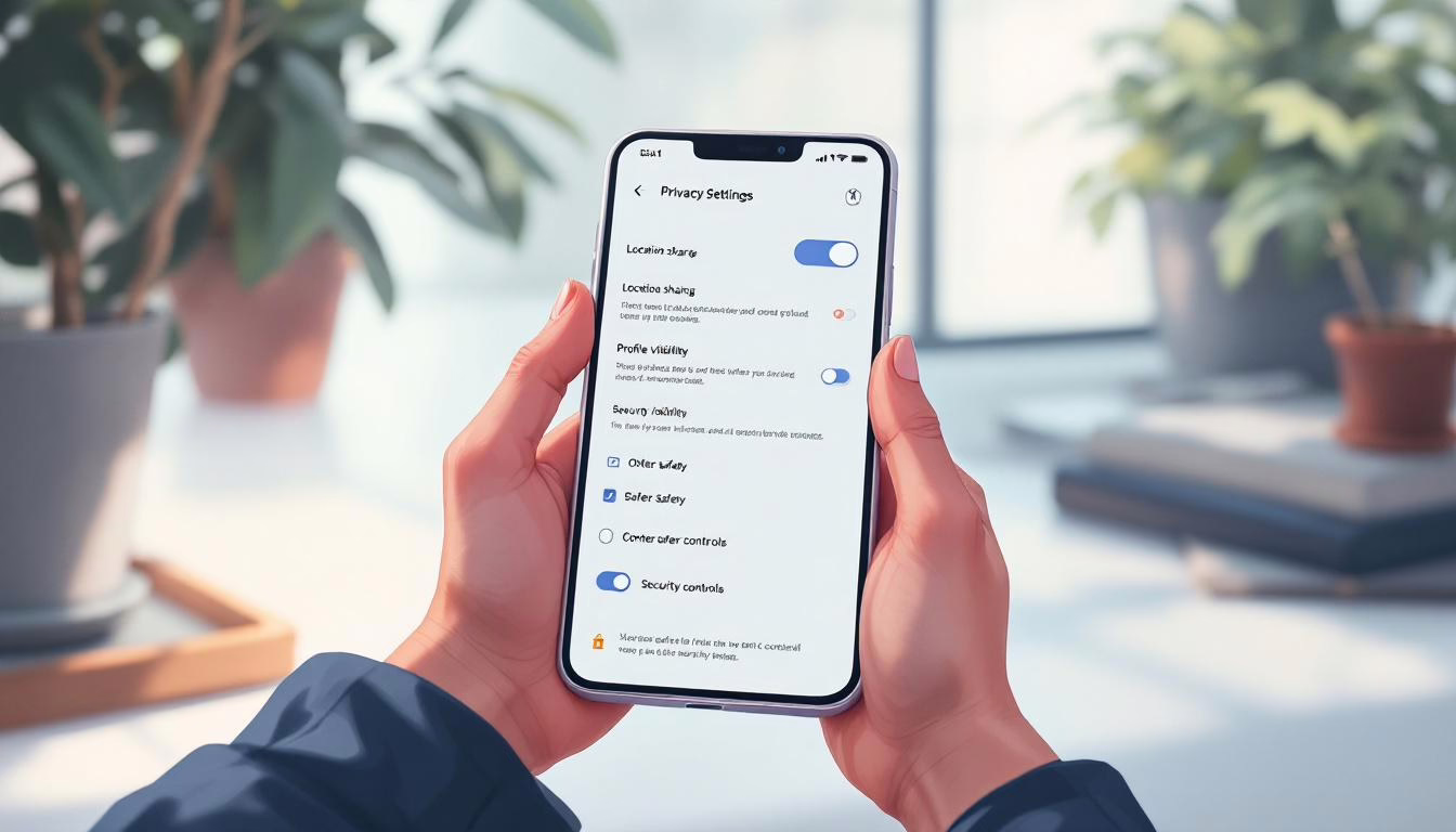 User adjusting mobile app privacy settings, focusing on location sharing and profile visibility with a plant in the background.