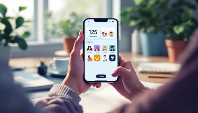 User interacting with a dating app on a smartphone, showcasing profile options and a bright, cozy workspace.