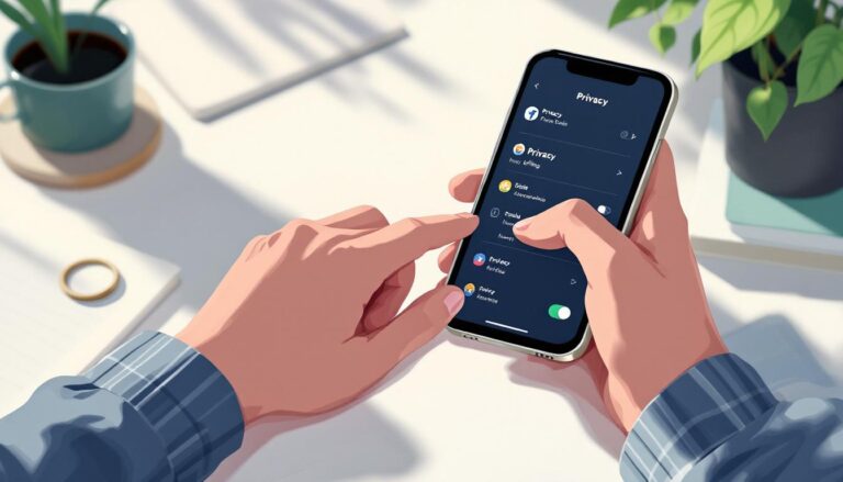 User interacting with a smartphone displaying privacy settings, surrounded by a coffee cup and a plant, emphasizing digital security.
