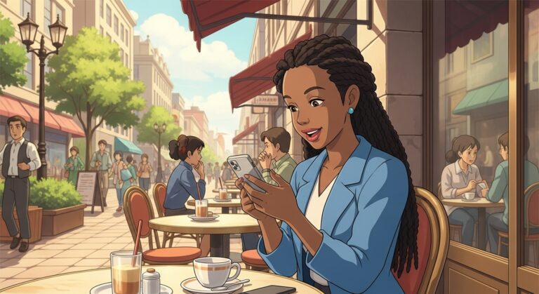Young woman enjoying a coffee at a café while smiling and texting on her smartphone in a lively urban setting.