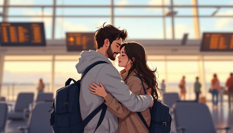 Couple joyfully embracing at an airport, conveying love and anticipation amidst travelers and departure displays.