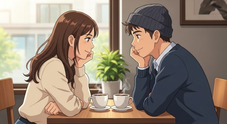 Young couple enjoying a cozy conversation over steaming coffee in a sunlit café, capturing a moment of connection and warmth.