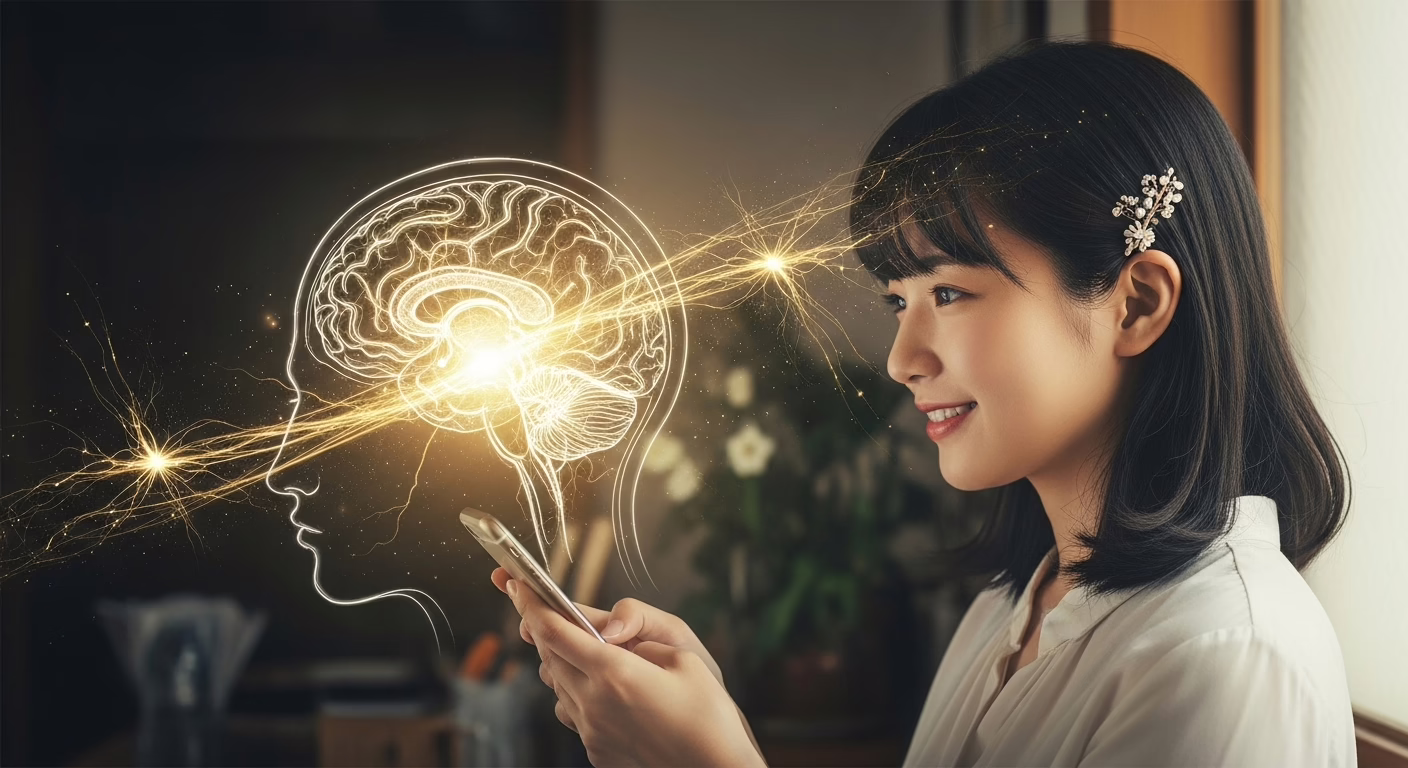 Young woman engages with her smartphone, visualizing creativity and insights symbolized by a glowing brain illustration.