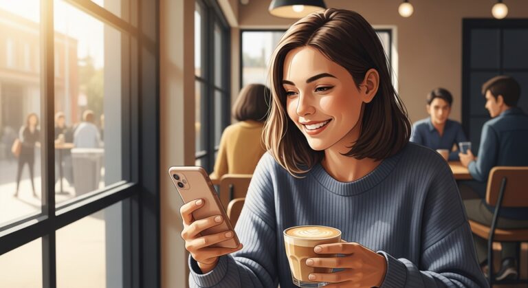 Young woman enjoying coffee while checking her phone in a vibrant café, radiating focus and happiness.